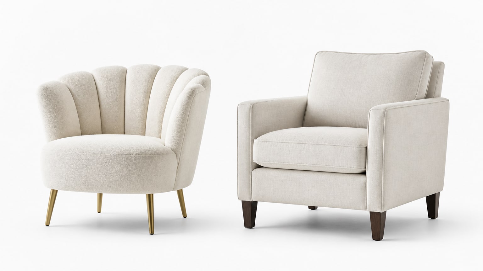 Elegant accent chair and armchair displayed on white background highlighting design and upholstery
