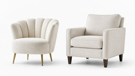 Elegant accent chair and armchair displayed on white background highlighting design and upholstery