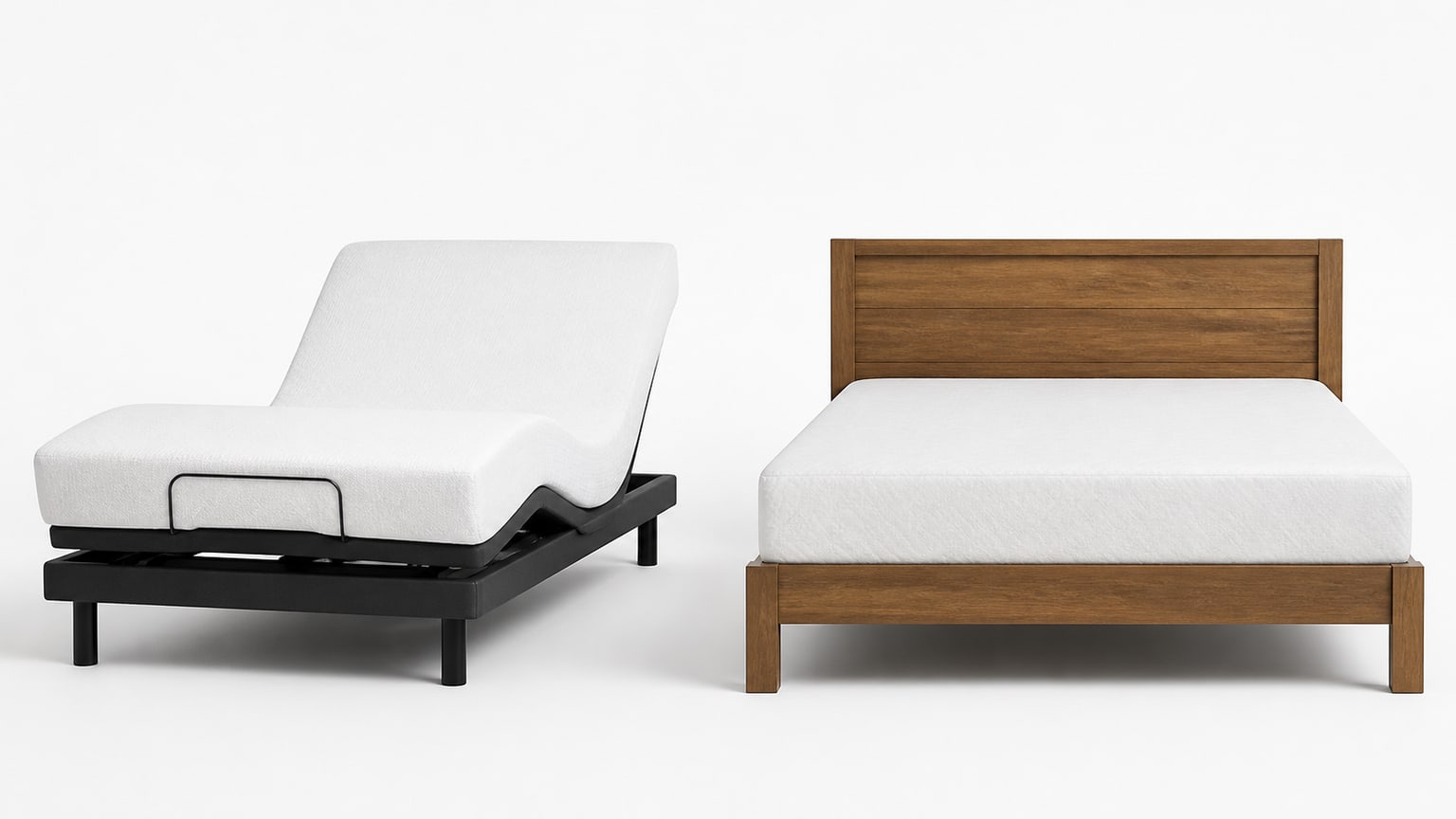 Modern adjustable bed base with mattress on white background, showing elevated head and foot sections with remote control