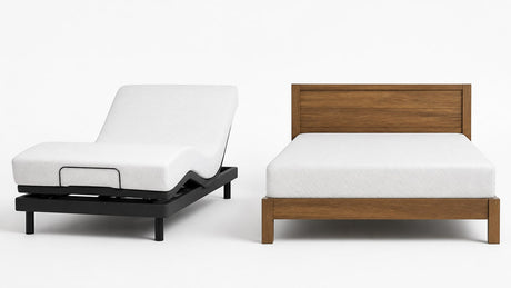 Modern adjustable bed base with mattress on white background, showing elevated head and foot sections with remote control