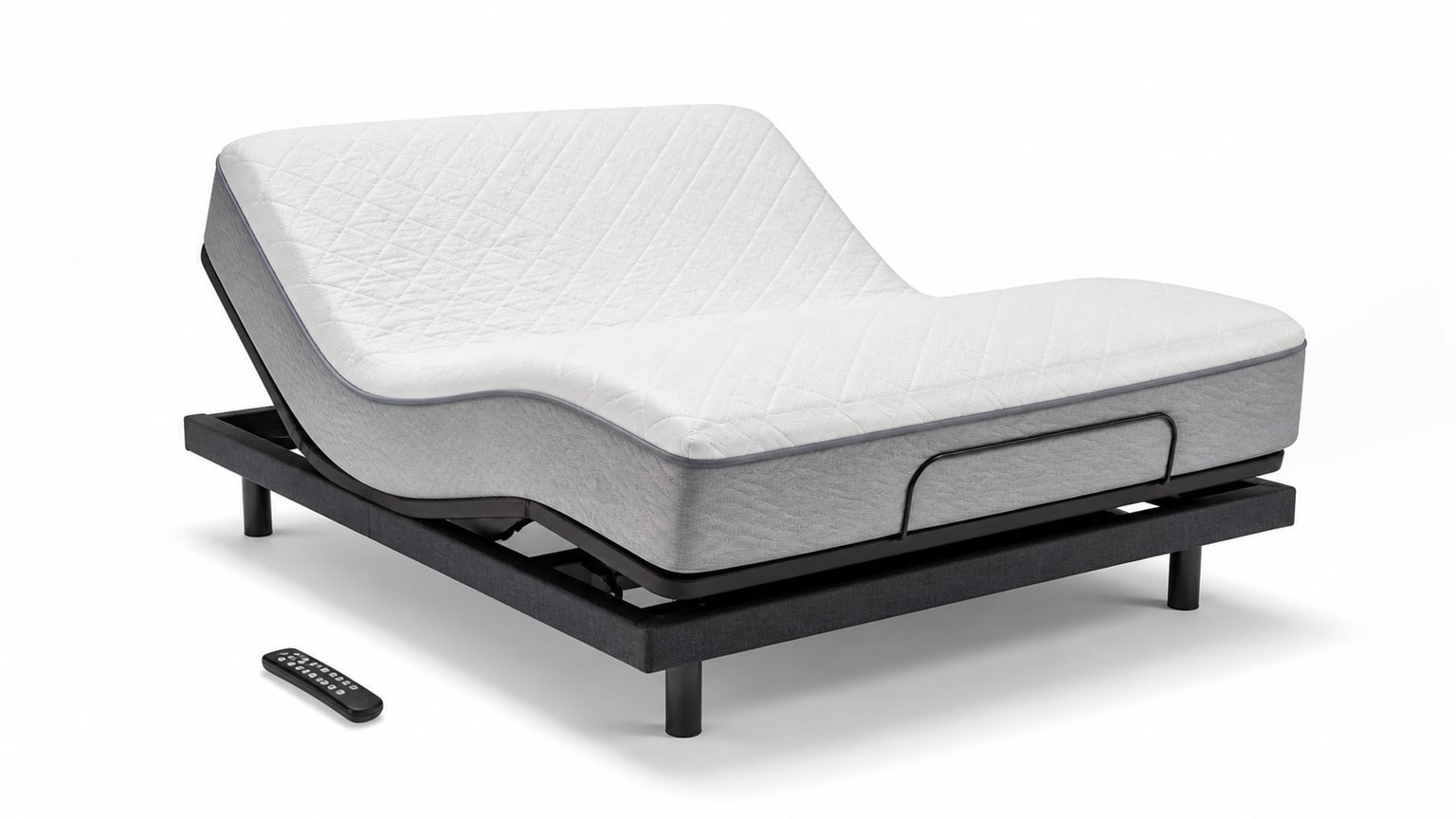 Modern adjustable bed base with raised head and foot sections and remote control on white background