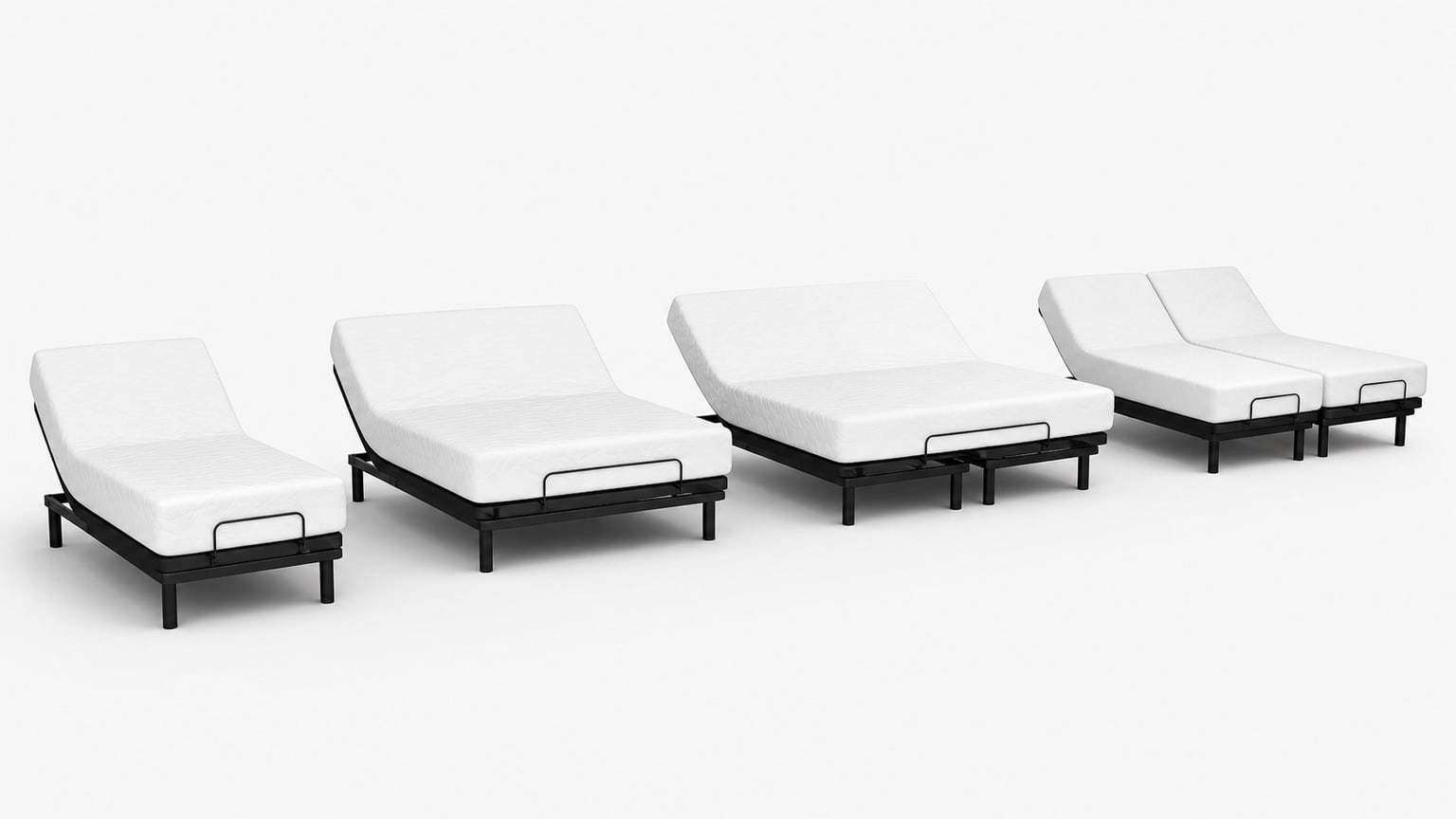 Adjustable bed base and mattress foundation on clean white background with remote control