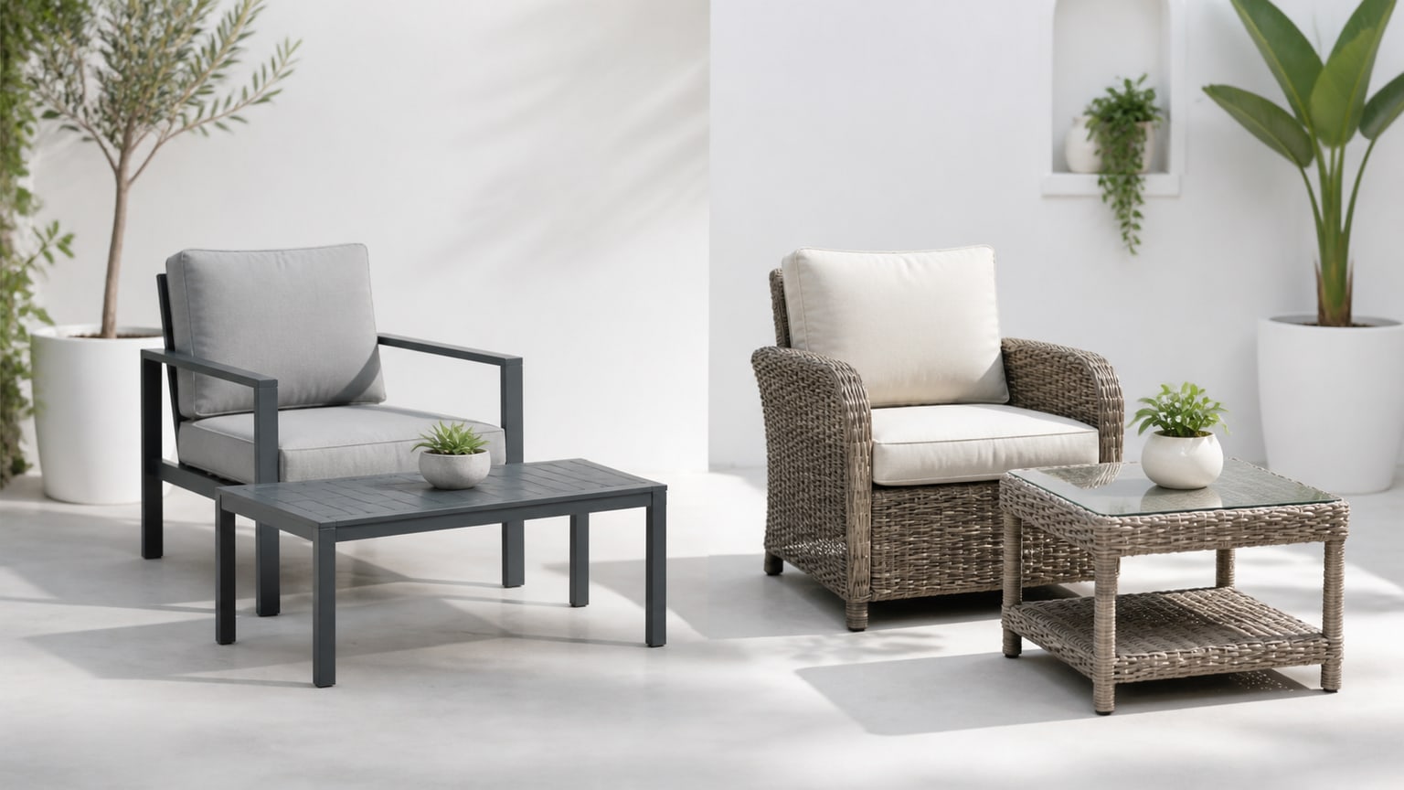 Aluminum and wicker patio furniture arranged side by side on a white patio background showing differences in style and material texture