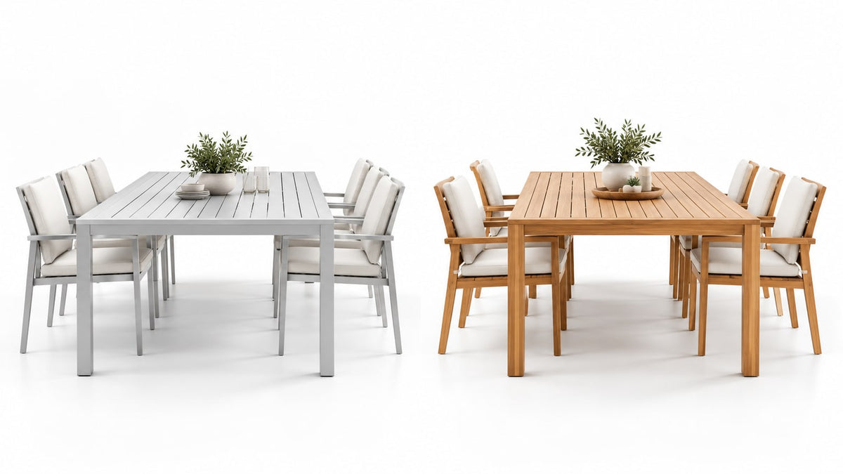Side-by-side outdoor aluminum dining table and wooden coffee table on bright white patio background