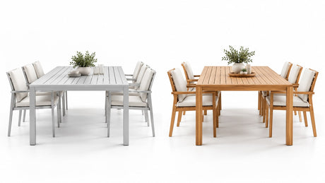 Side-by-side outdoor aluminum dining table and wooden coffee table on bright white patio background