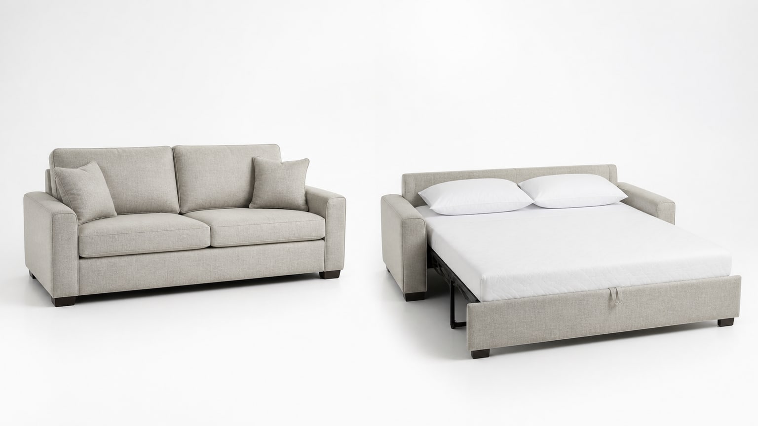 Modern sleeper sofa shown as a sofa and fully extended pull-out bed on white background