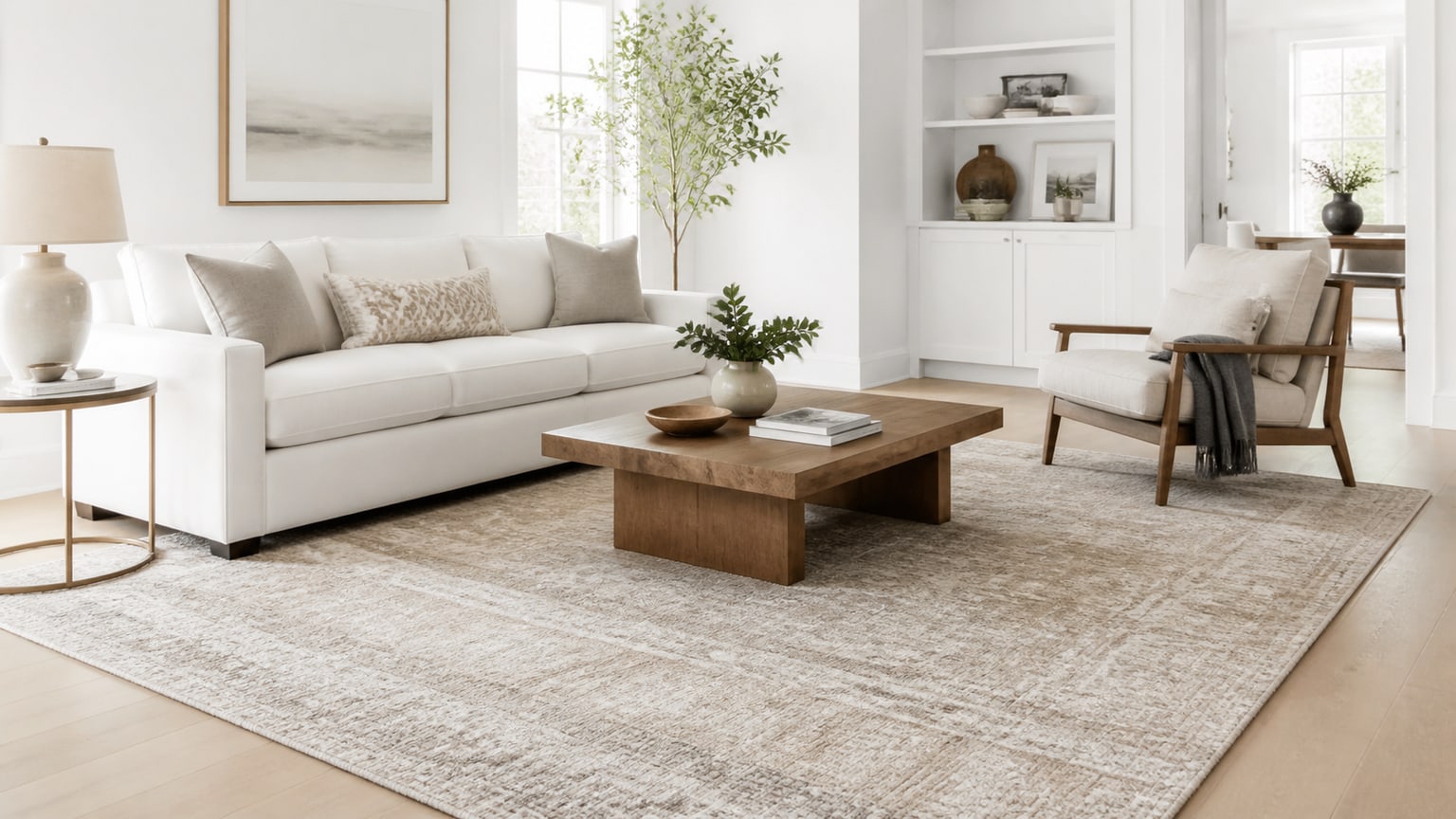 Bright white living room with a contemporary area rug under sofa and coffee table
