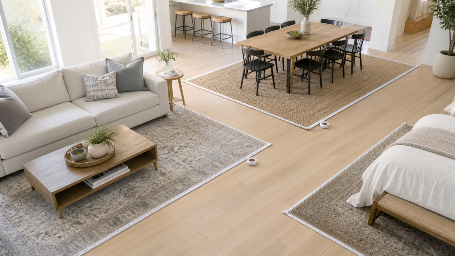 A bright white living room with a well-sized, neutral area rug complementing a sofa and coffee table, illustrating ideal rug placement and size.