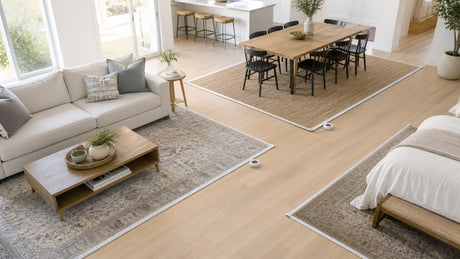 A bright white living room with a well-sized, neutral area rug complementing a sofa and coffee table, illustrating ideal rug placement and size.
