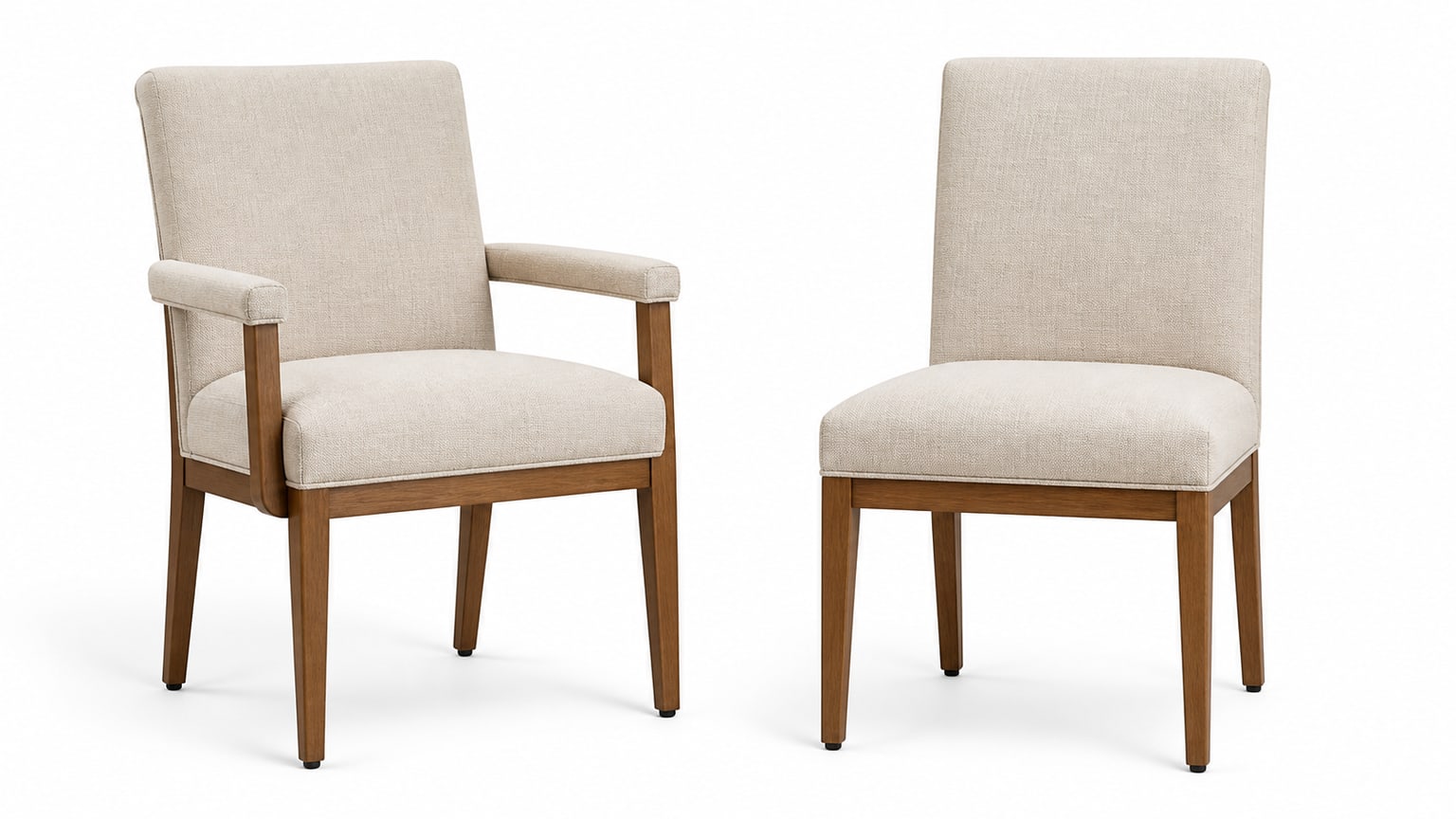 Pair of modern dining chairs on white background: armchair with arms and armless side chair
