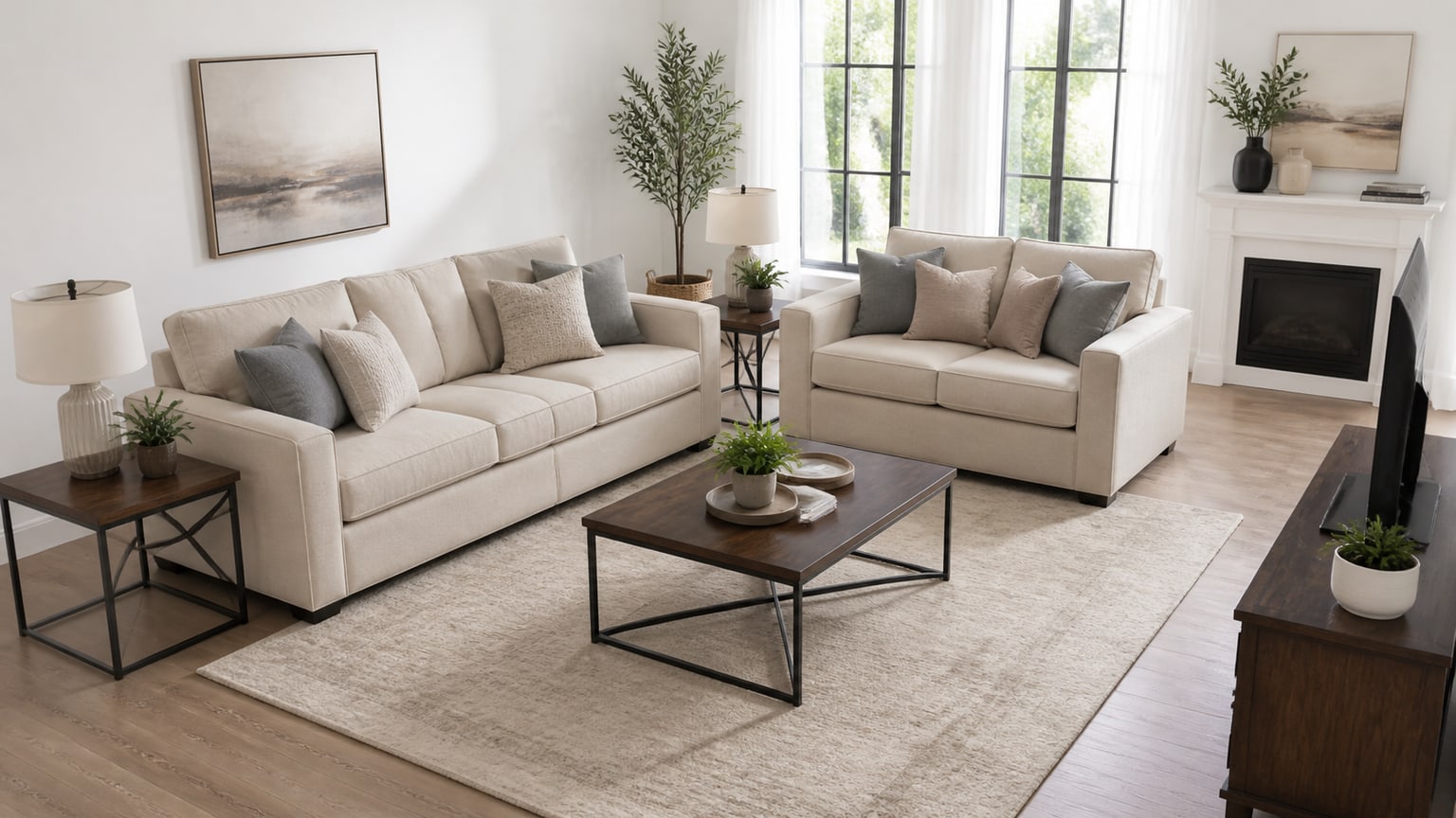 Coordinated sofa and loveseat living room set arranged in an L-shaped layout with coffee table and area rug on white background
