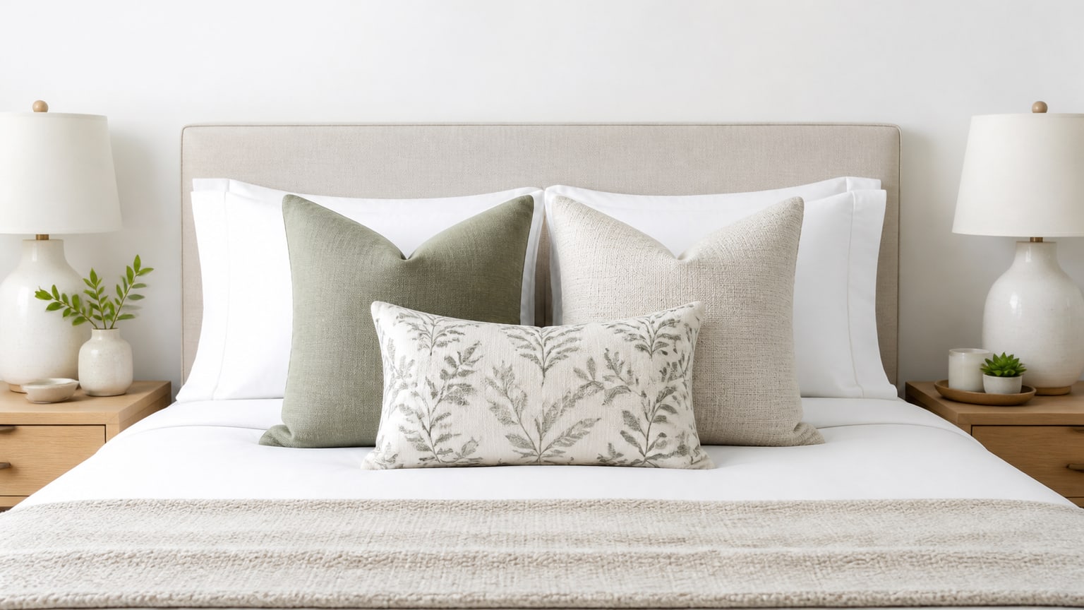 Styled bed with layered throw pillows including euro, square, and lumbar pillows in a studio setting on white background.