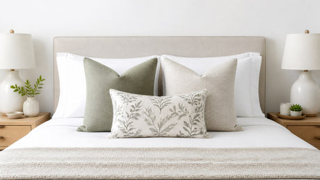 Styled bed with layered throw pillows including euro, square, and lumbar pillows in a studio setting on white background.