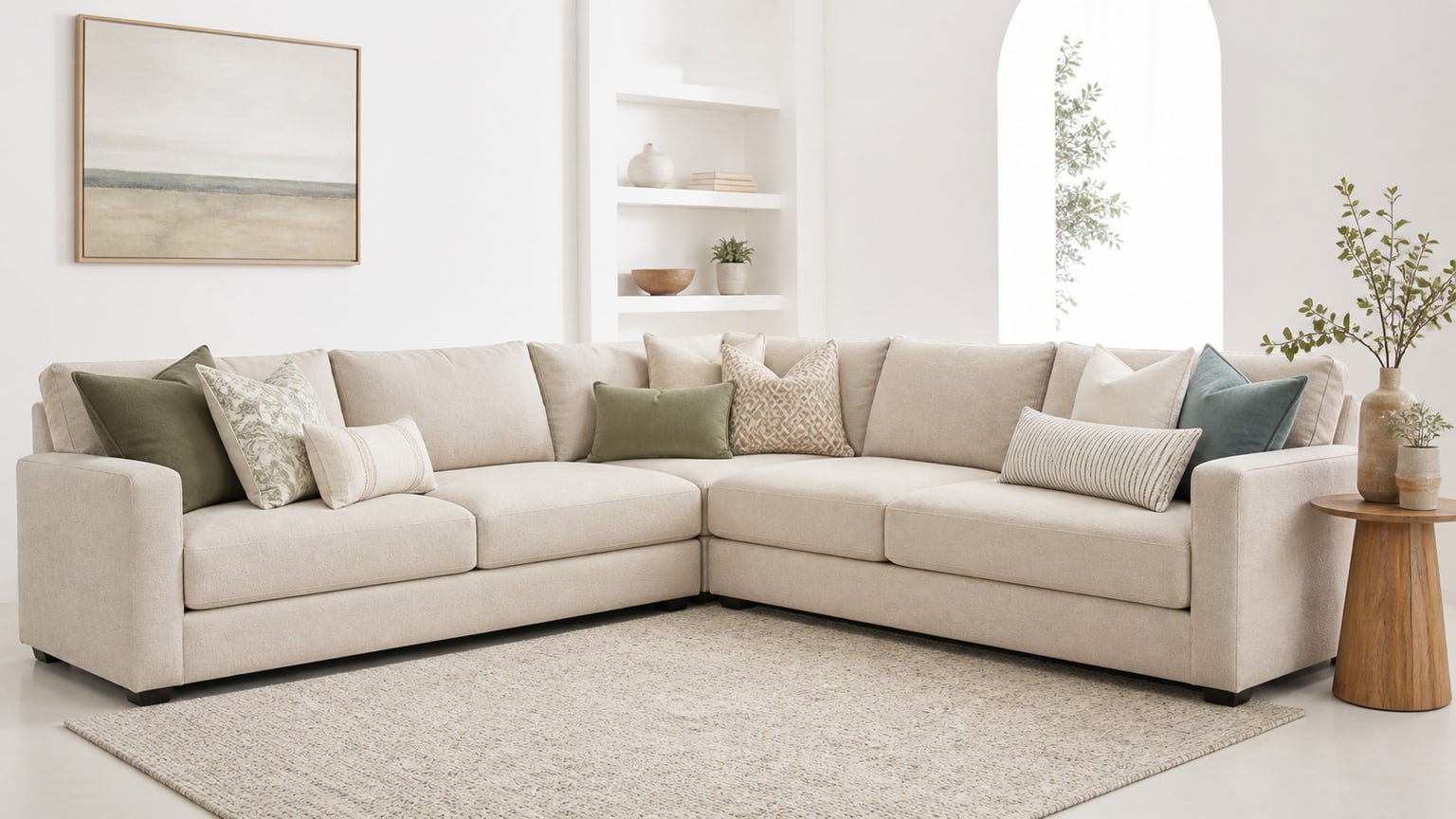 Modern L-shaped sectional sofa on a white background styled with an assortment of neutral-toned throw pillows including square, lumbar, and bolster shapes.