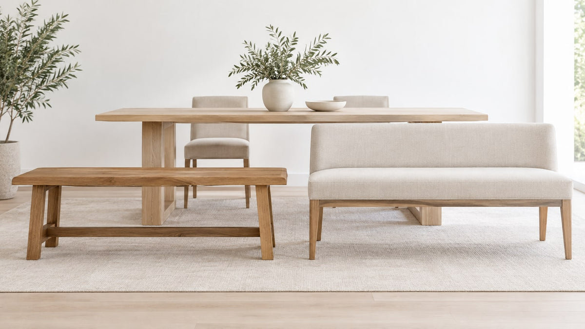 Backless and backed dining benches side by side in a bright, neutral studio setting