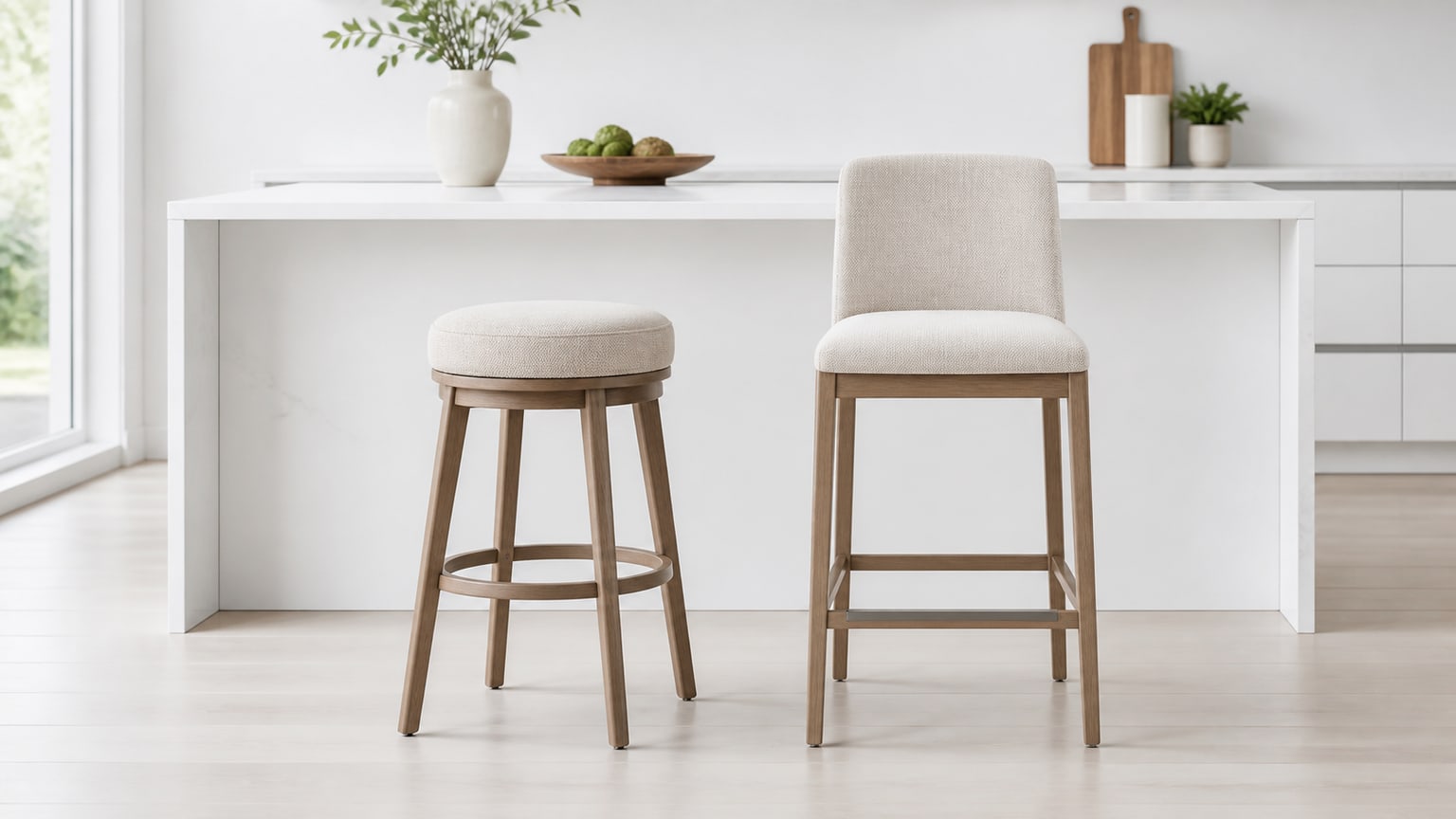 Backless and high-back bar stools displayed side by side in a bright kitchen island setting, showcasing design and size differences.