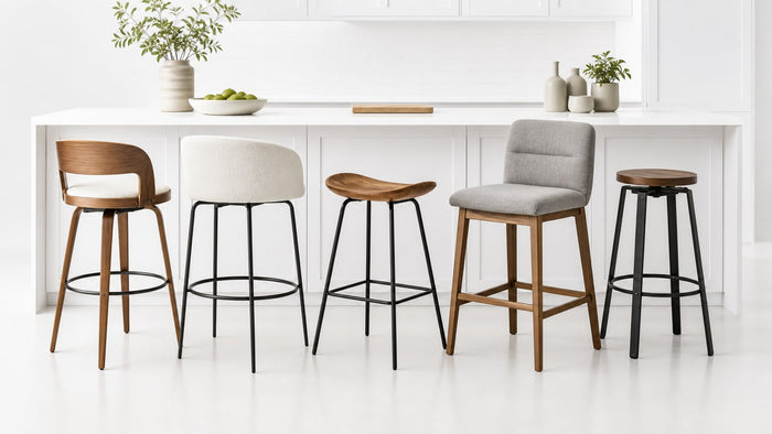 Modern wood and metal swivel bar stool on white background