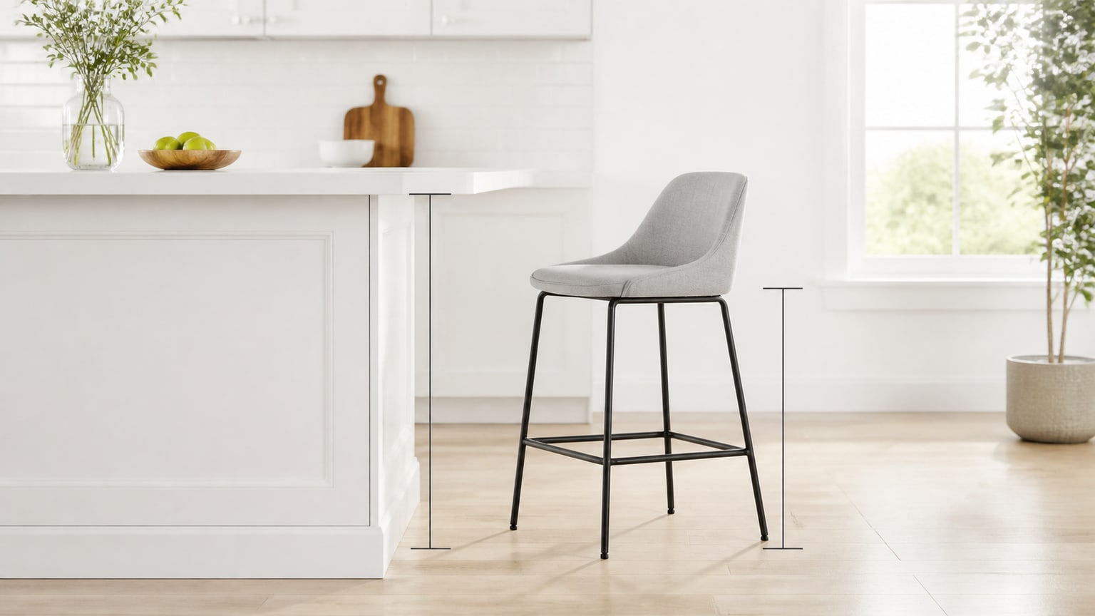 Modern wooden bar stool and metal swivel counter stool in a bright white kitchen island setting