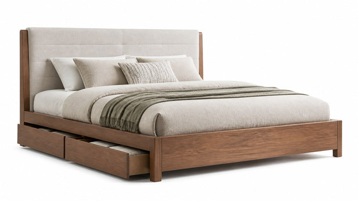 Modern wooden bed frame with upholstered headboard and built-in storage drawers on clean white background