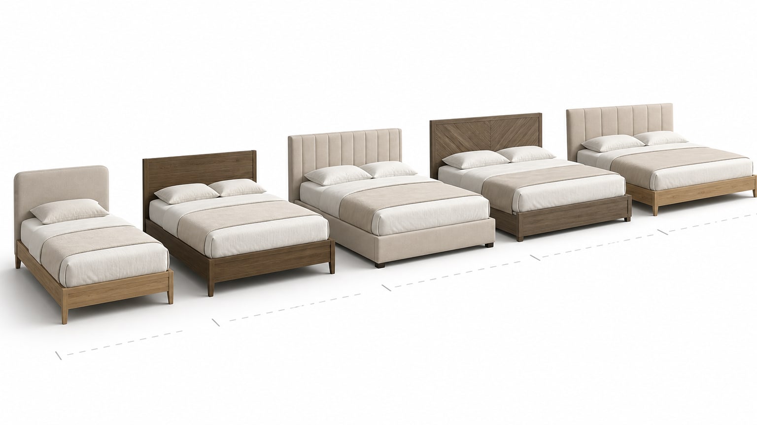Professional ecommerce photo of various bed frame sizes displayed on white studio background