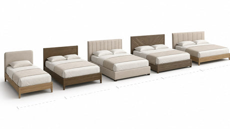 Professional ecommerce photo of various bed frame sizes displayed on white studio background