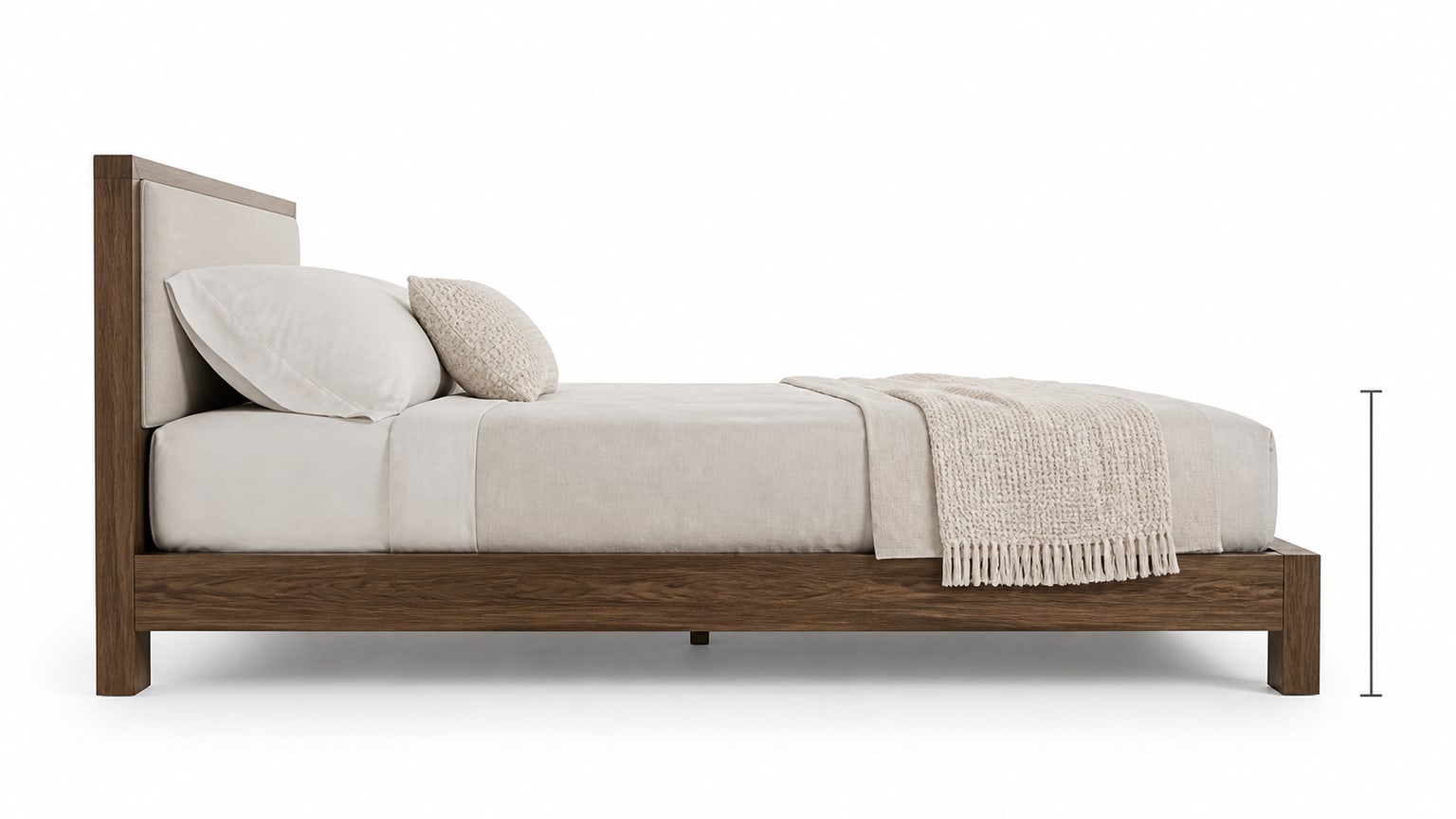 Modern medium height queen platform bed frame on white studio background