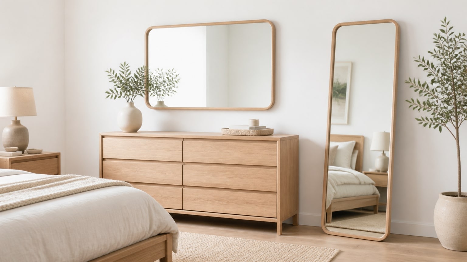 Full-length wooden framed floor mirror standing in a modern bedroom setting with neutral decor on a white background