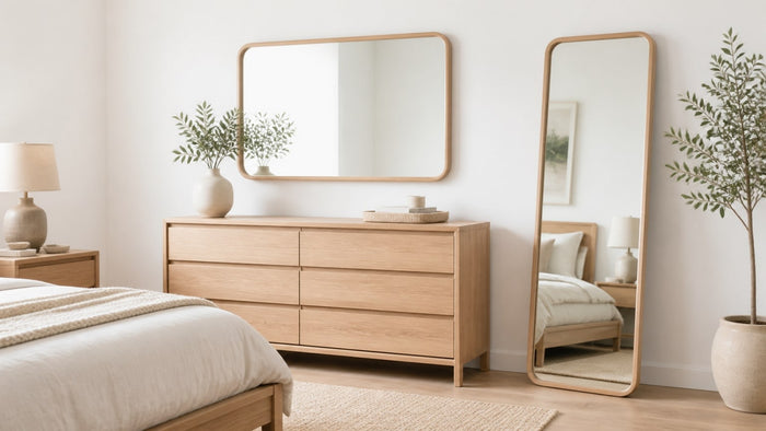 Full-length wooden framed floor mirror standing in a modern bedroom setting with neutral decor on a white background