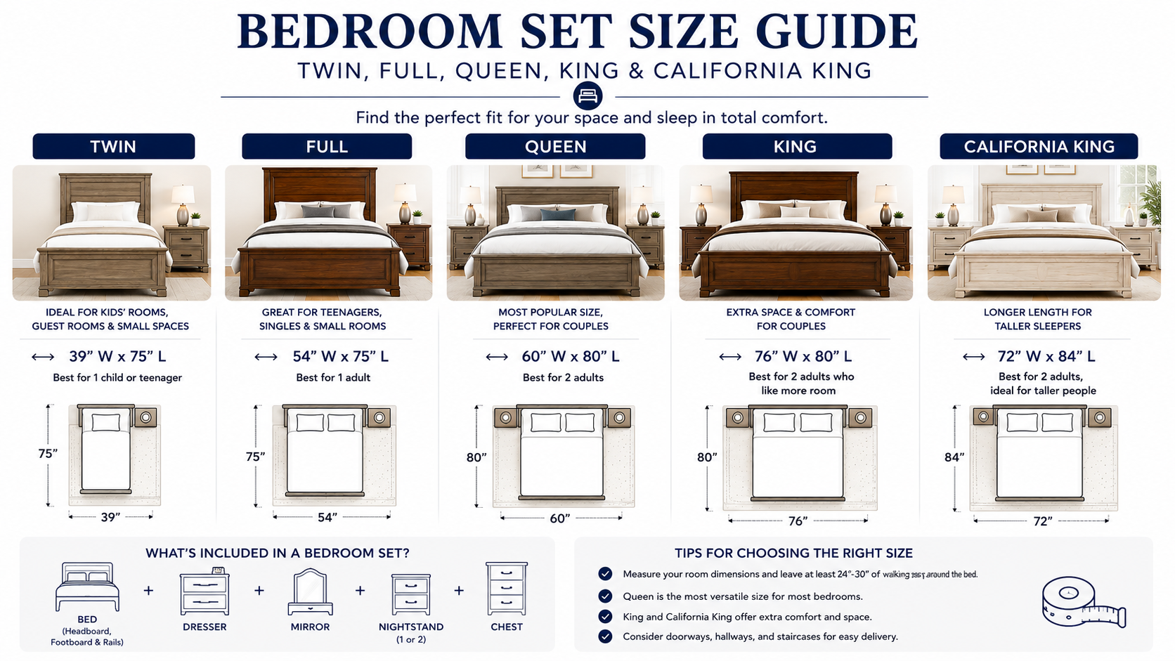 Bedroom Set Size Guide: Twin, Full, Queen, King & Cal King