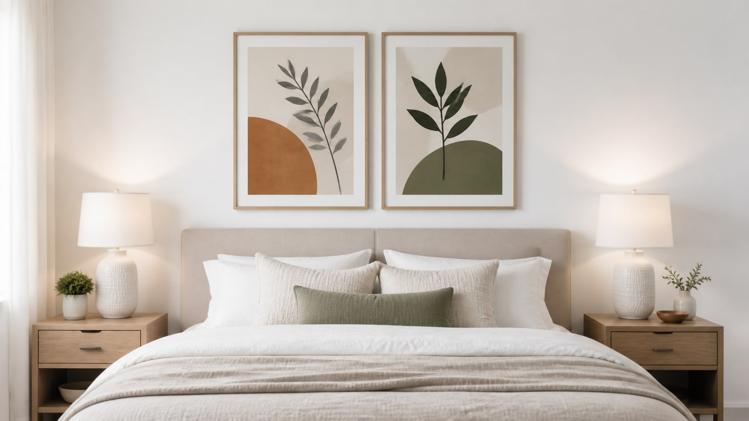 Bedroom with neutral headboard, above-bed canvas art in calming botanical abstract style, bedside lamps, and dresser with mirror on clean white background