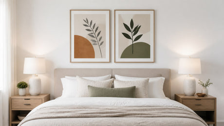 Bedroom with neutral headboard, above-bed canvas art in calming botanical abstract style, bedside lamps, and dresser with mirror on clean white background