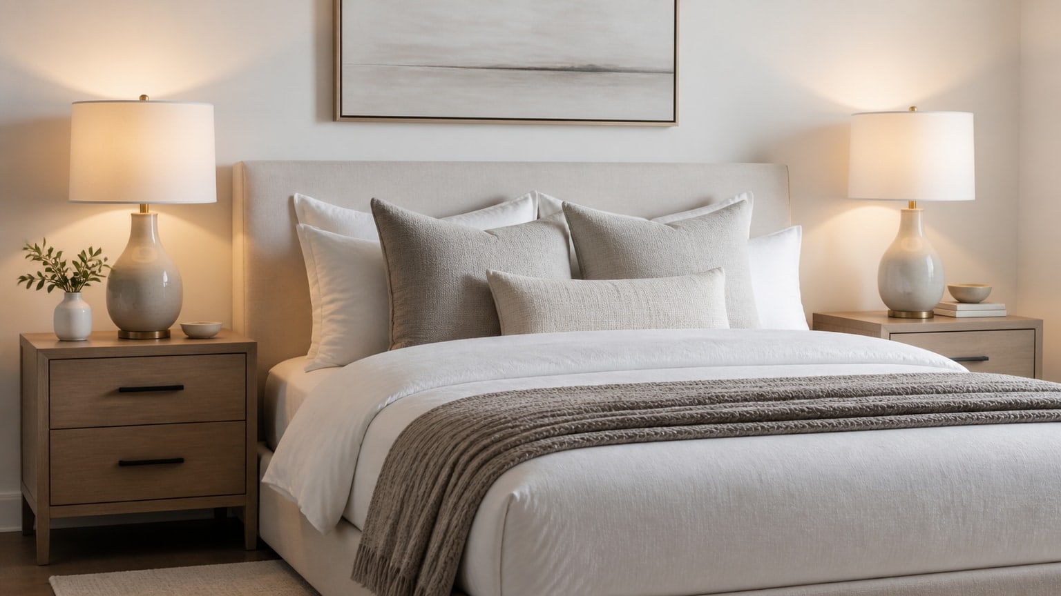 Two warm softly glowing bedside lamps with shades on wooden nightstands against white background