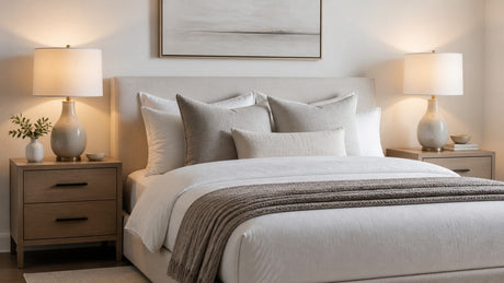 Two warm softly glowing bedside lamps with shades on wooden nightstands against white background