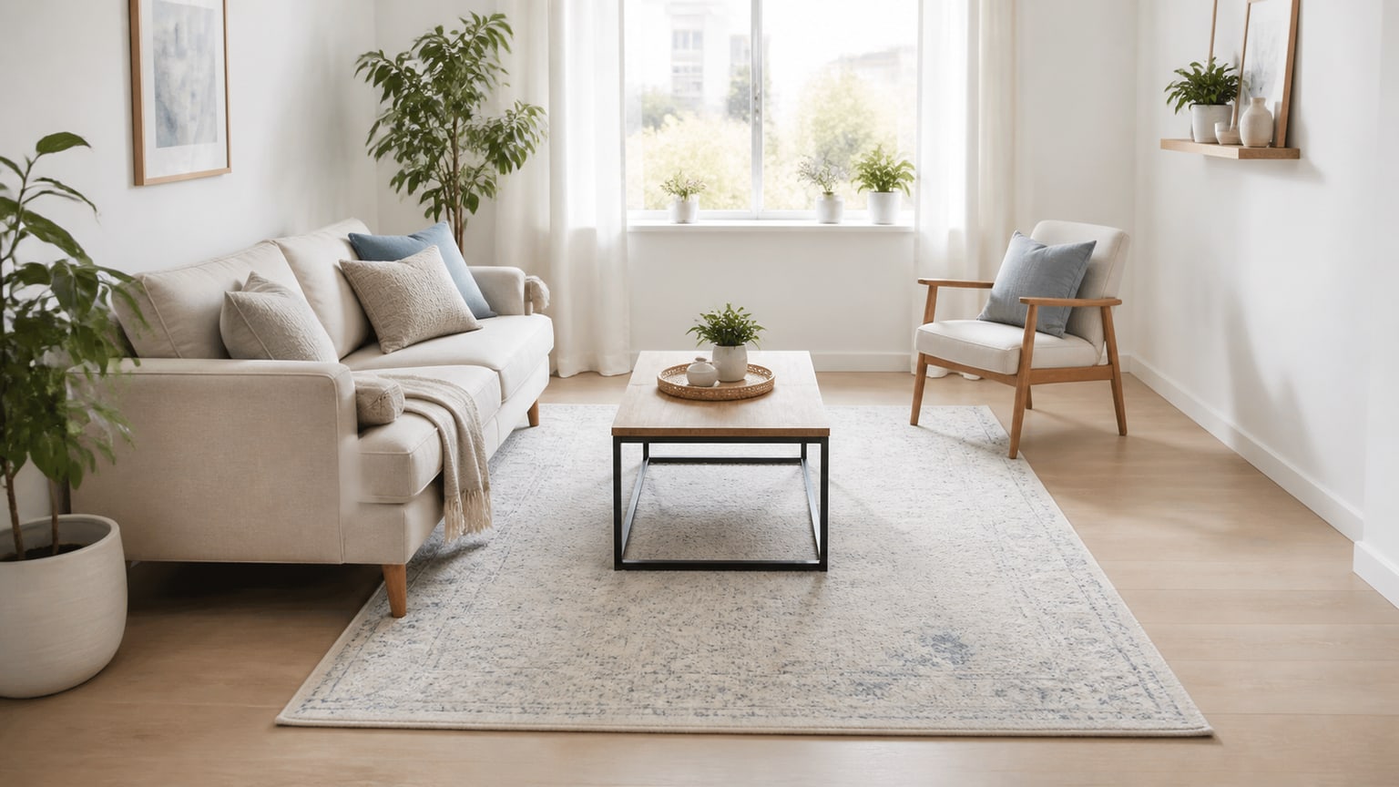 Modern small living room with a gray rectangular low-pile area rug under beige sofa and round coffee table in white interior