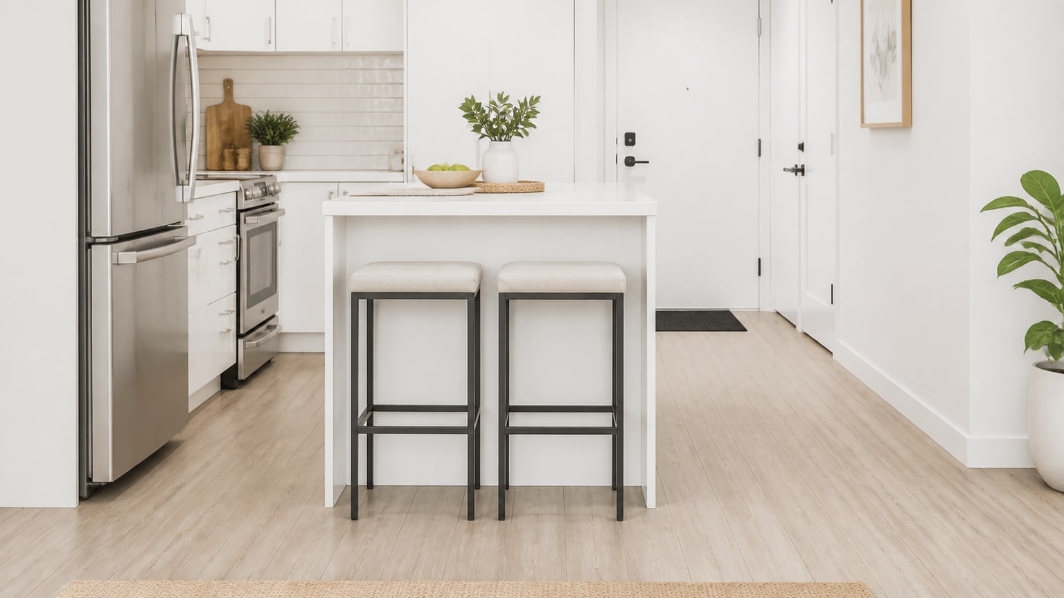 Compact backless and swivel bar stools at a modern white kitchen island