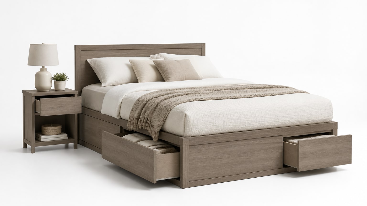 Modern low-profile platform bed frame ideal for small bedrooms, photographed in a clean white studio