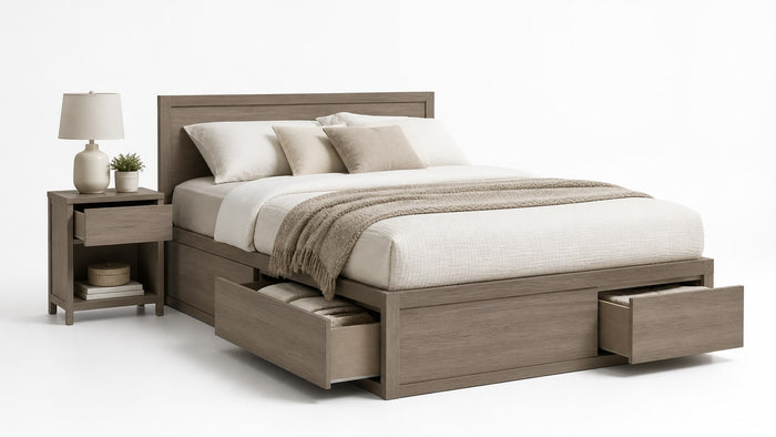 Modern low-profile platform bed frame ideal for small bedrooms, photographed in a clean white studio