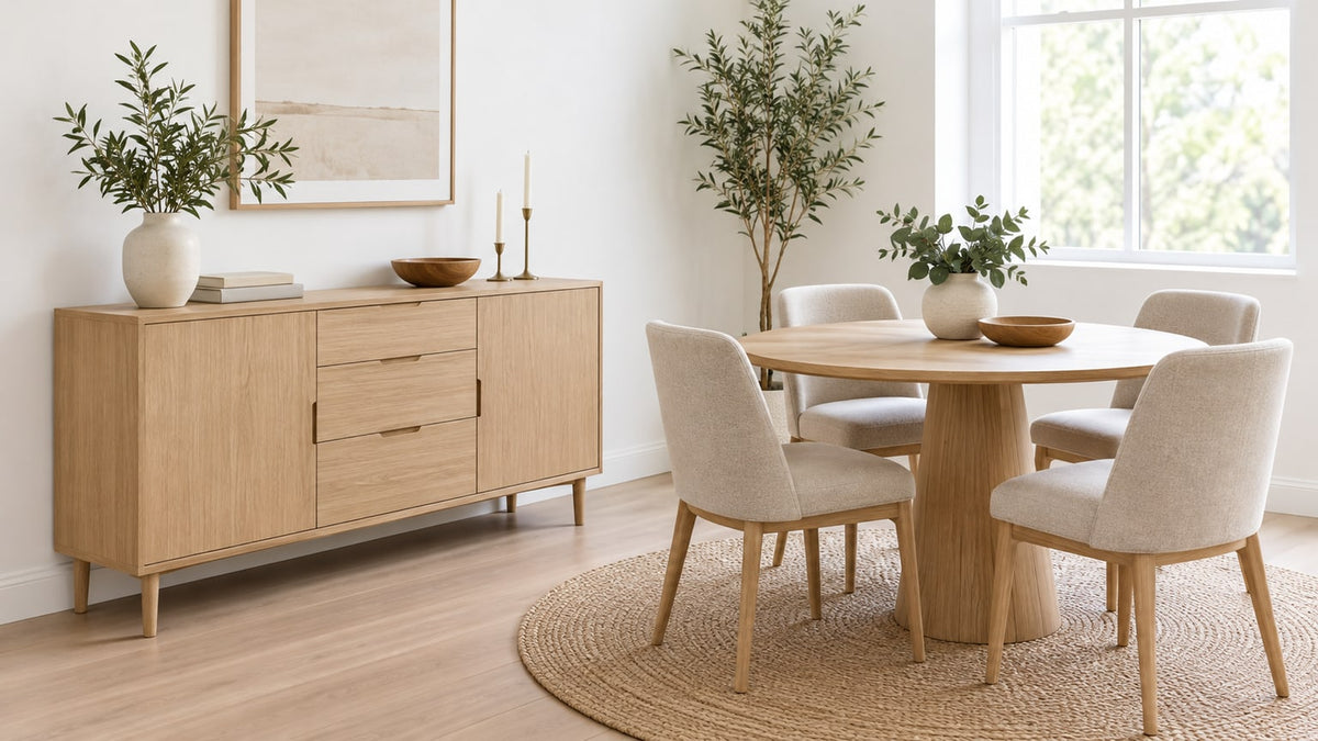 Small dining room with a modern wooden buffet featuring raised legs and decorative accessories on top