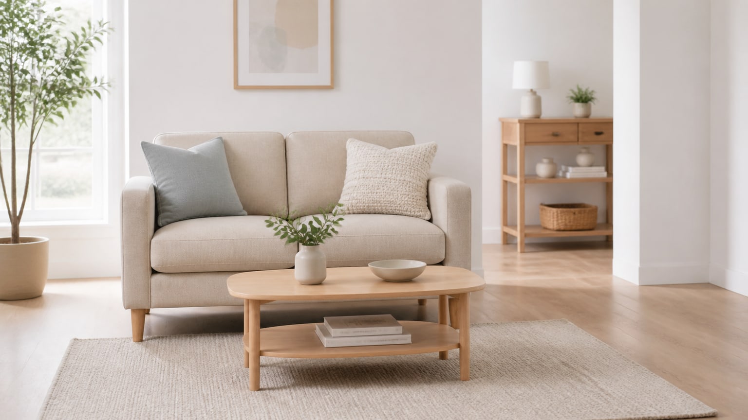 Modern small living room with space-saving coffee table and sectional sofa on white background