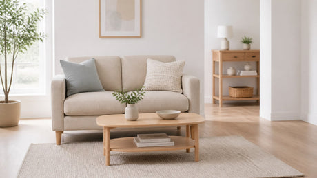 Modern small living room with space-saving coffee table and sectional sofa on white background