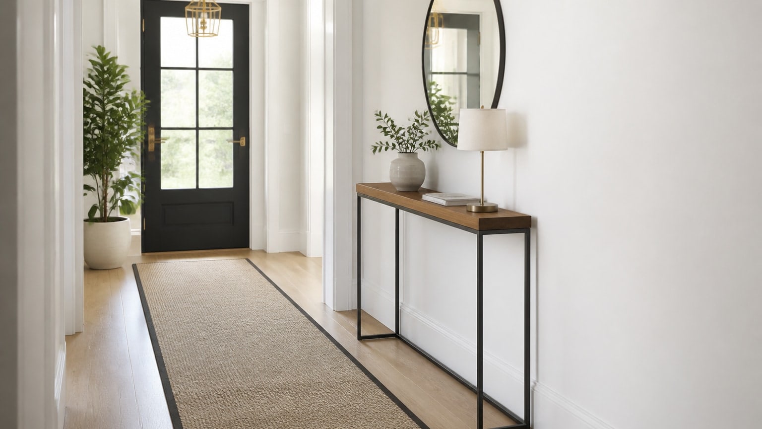 Shallow depth narrow console table with open-leg design styled with small lamp and wall mirror on white background