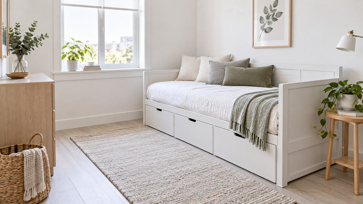 Twin-size daybed with metal frame and pull-out trundle in a bright neutral small bedroom.