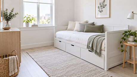 Twin-size daybed with metal frame and pull-out trundle in a bright neutral small bedroom.