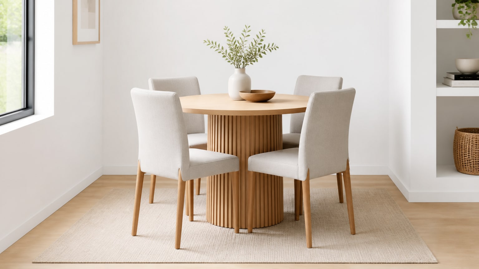 Space-saving dining chairs arranged around a small modern dining table on a white background