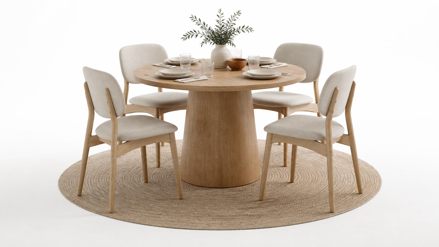 Round natural wood pedestal dining table with light wood chairs and neutral area rug in small dining room setup.
