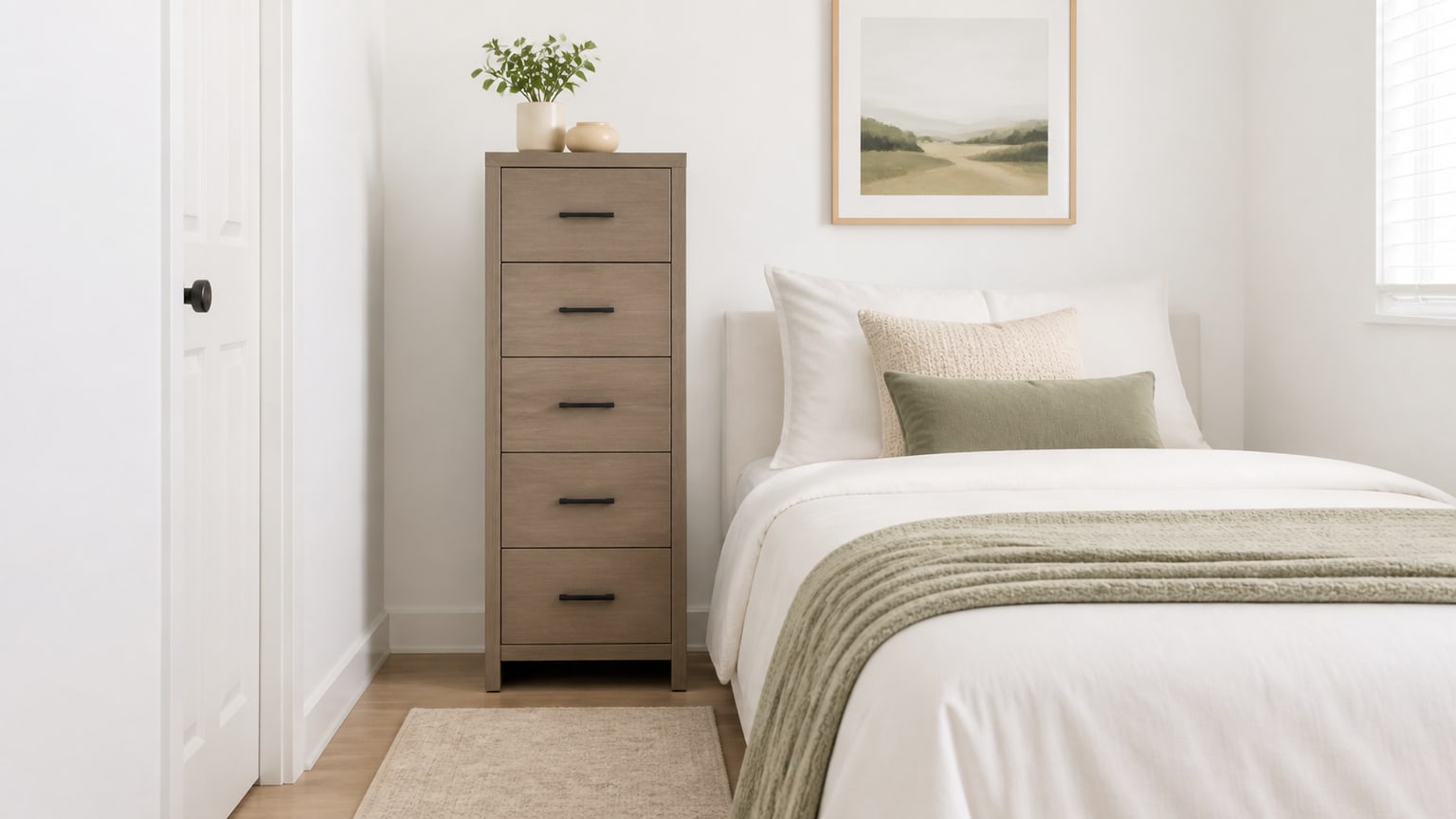 Modern tall narrow dresser suitable for small bedrooms displayed on white background