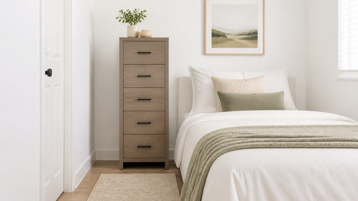 Modern tall narrow dresser suitable for small bedrooms displayed on white background