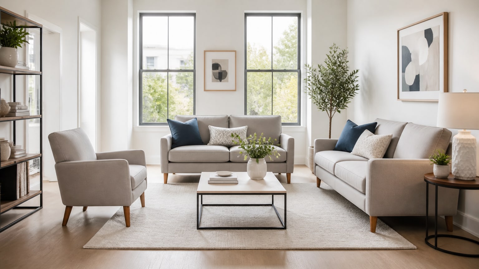 Coordinated small living room set with sofa, loveseat, coffee table and area rug
