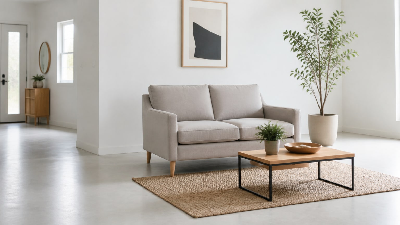 Compact loveseat with slim arms and exposed legs suited for small living rooms and apartments on white background