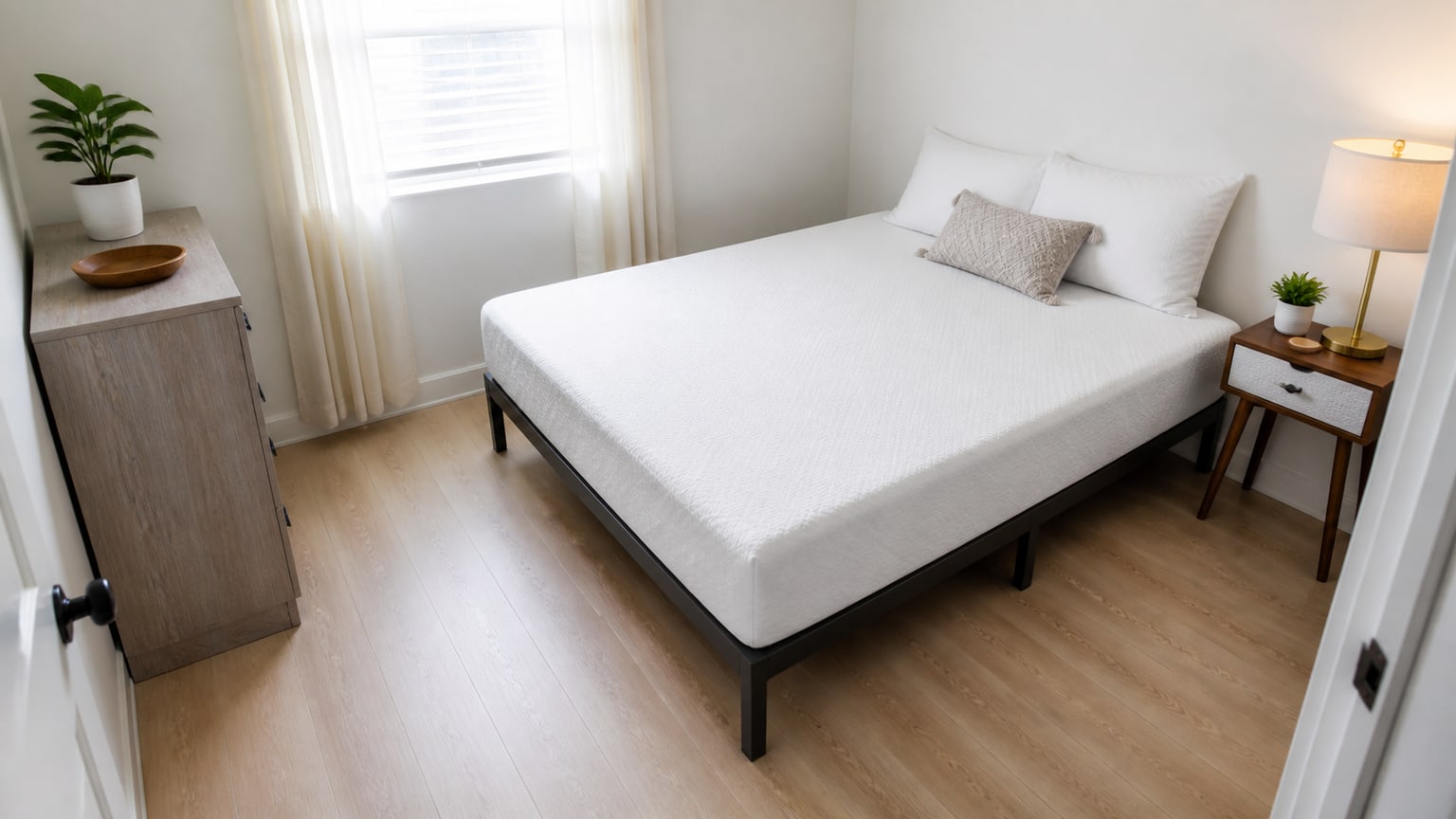 Queen-sized mattress on minimalist bed frame with nominal dimensions labeled on white background